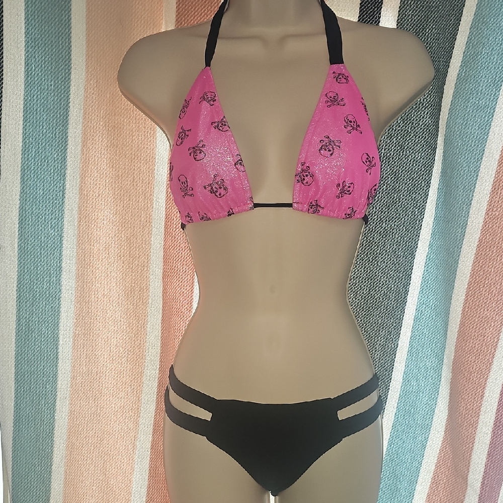 Women’s Pink Skull Print Halter Bikini Top with Black Straps